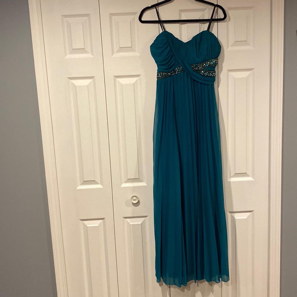 Teal beaded strapless homecoming/prom dress